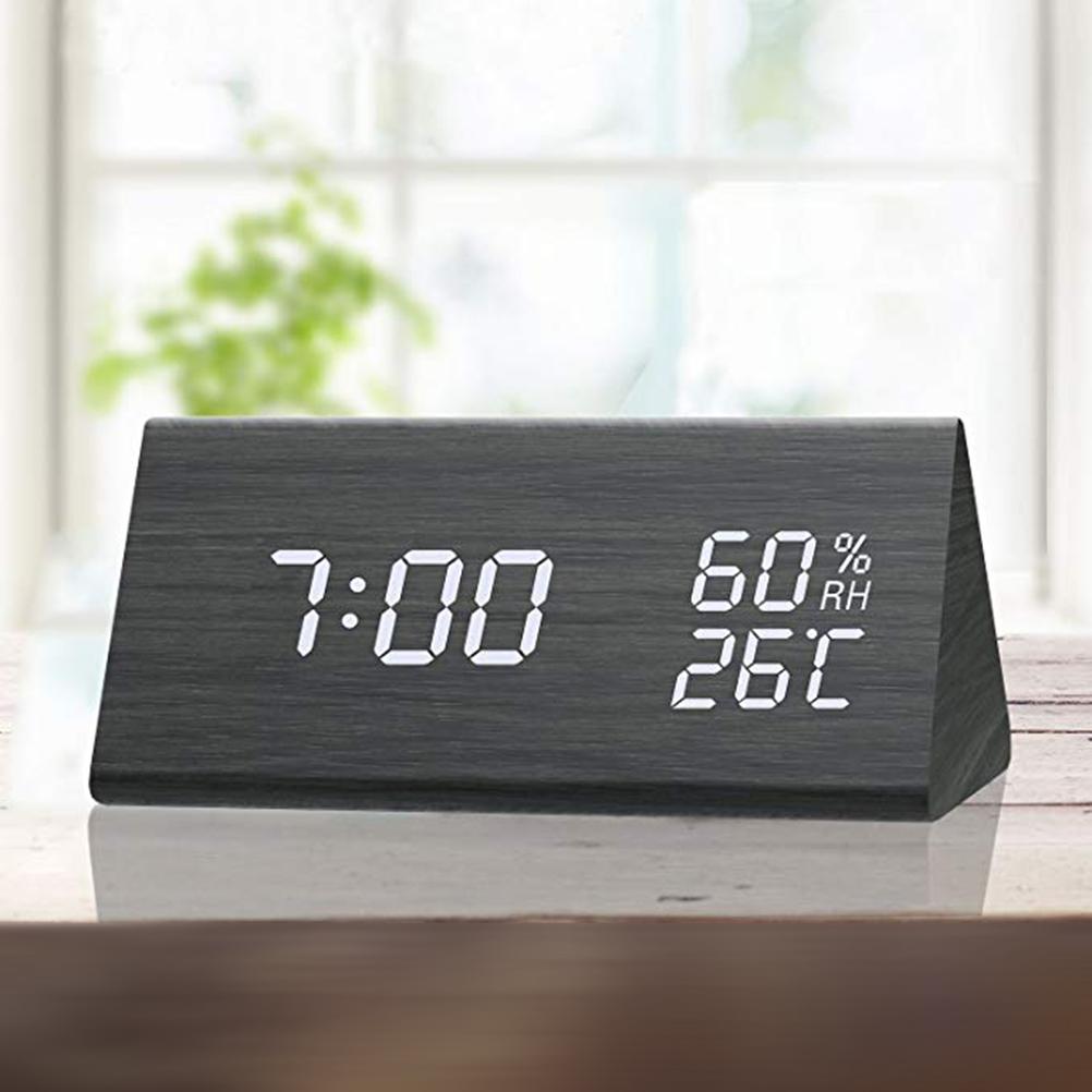 Digital Clock Wooden Electronic LED Time Display Temperature and Humidity Detect Clock for Bedroom