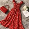 2026 Summer French Retro Red Floral Square Neck Dress for Petite Women