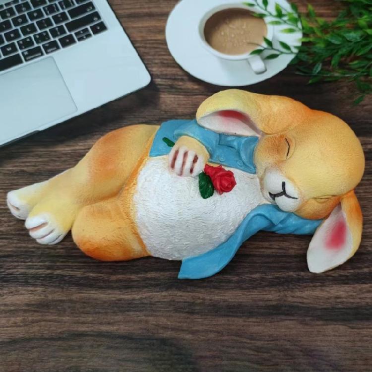 Resins Rabbit Statue Funny Sleep Bunnies Holding Rose Figurine Ornament for Easters Party Garden Landscape Decoration