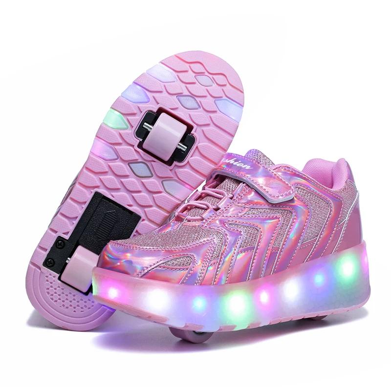 Kid Wheels Shoes Roller Skate Shoes 2 Wheels Child Deform Sneakers Outdoor Sport Deformation Parkour Runaway Boy Girl Youth Gift