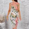 Women Plus Size Crew Neck Sleeveless Midi Dress Neutral Tone Large White Flower Metallic Texture Print Bodycon Dress