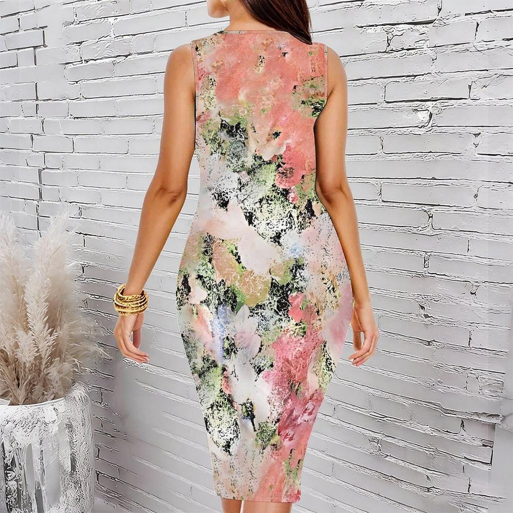Women Plus Size Crew Neck Sleeveless Midi Dress Neutral Tone Large White Flower Metallic Texture Print Bodycon Dress