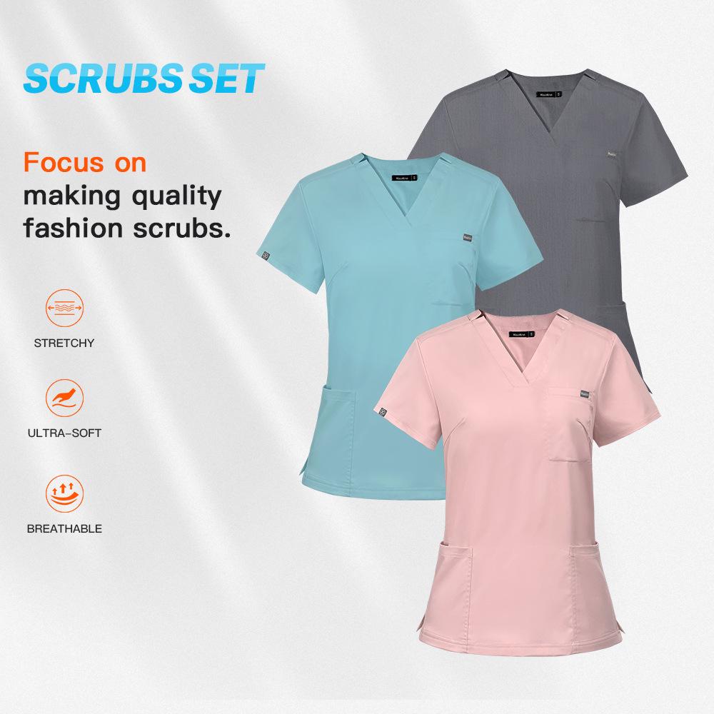 Elastic V-Neck Short Sleeve Nurse Uniform Set for Women - Surgical Scrub Suit in Stock