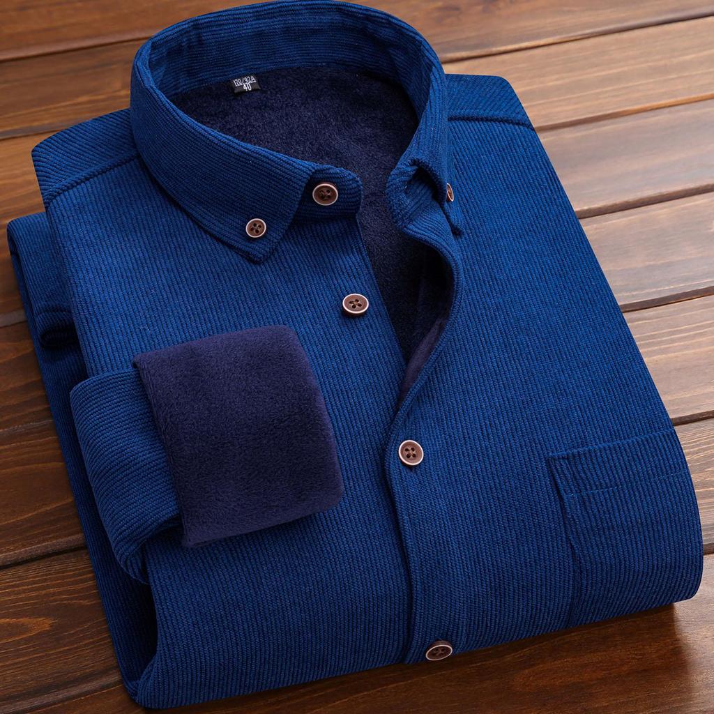 Thermal Men's Long Sleeve Shirt  Solid Corduroy with Fleece Lining for Cold Days plus size
