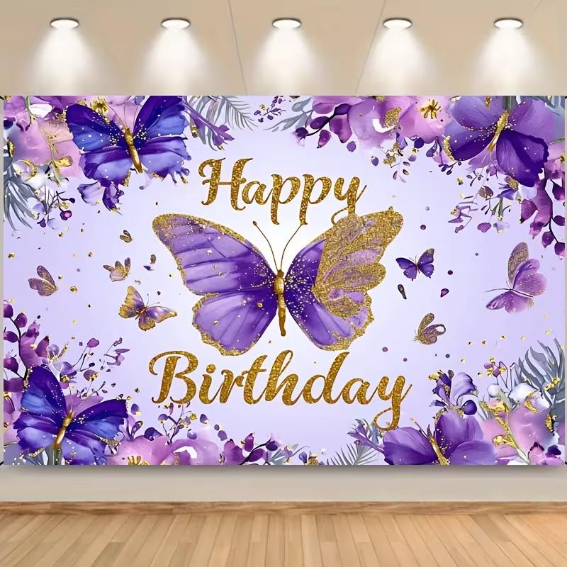 2D Purple Floral Butterfly Happy Birthday Backdrop Gold Accent Party Decoration Banner