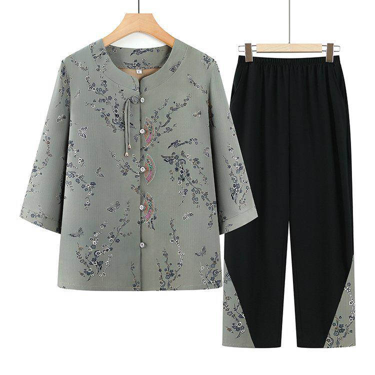 Grandma s Summer Ice Silk Short-Sleeve Shirt Set for Middle-Aged and Elderly Women XL (90-105 jin)