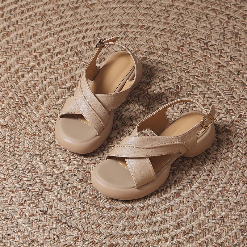 2025 Summer New Cross-strap Platform Sandals Retro with Skirt One-word Buckle Outside Wearing Roman Sandals