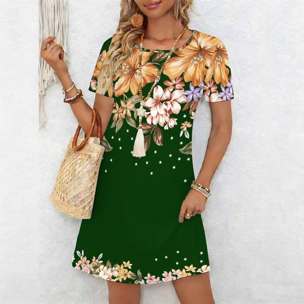 Moda damska Eleganckie piękne kwiatowe nadruki Lato Wiosna Krótki rękaw O-Neck Sukienki codzienne