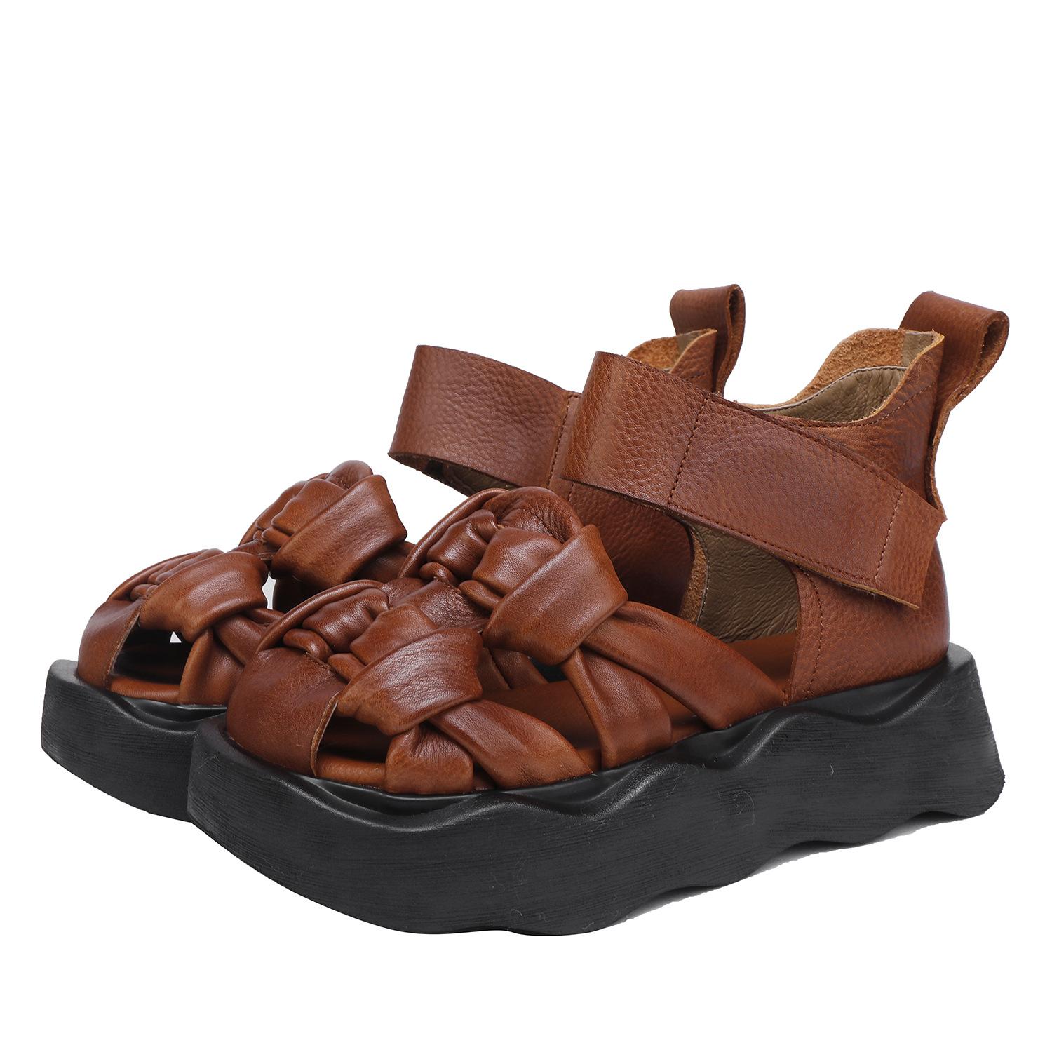 

Johnature Сандалии на толстой подошве из натуральной кожи, удобные, с мягкой подошвой и круглым носком, универсальные женские туфли на платформе 36 коричневый