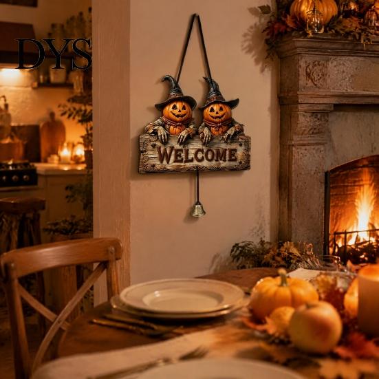 Halloween Wooden Door Hanger Welcome Hanging Sign, Vintage Farmhouse with Skeleton Pumpkin Unique Skull Ghost Decor Ghost, Decorative Plaque Bell for