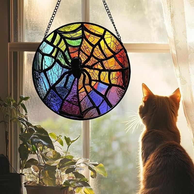 Halloween Stained Glass Pumpkin Suncatcher Adorable Ghost Design Hanging Window Decor for Indoor Outdoor Holiday Party
