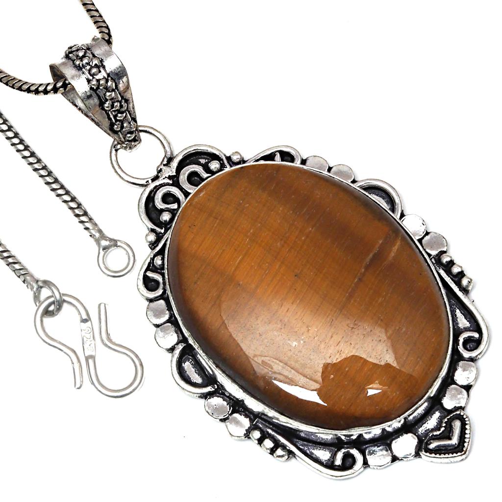 Pendant Tiger's Eye Gemstone Handicraft Valentine'Day Gift Silver Jewelry 2"