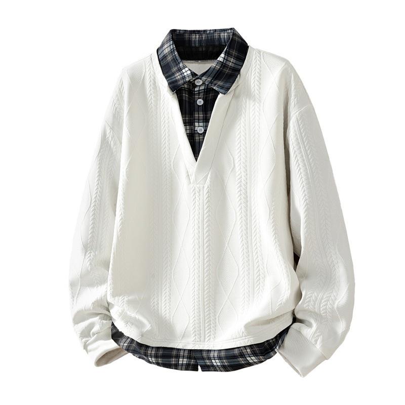 2026 Spring/Autumn Trendy Casual Plaid Hoodie - College Style, Loose Fit, Fake Two-Piece, Long Sleeve
