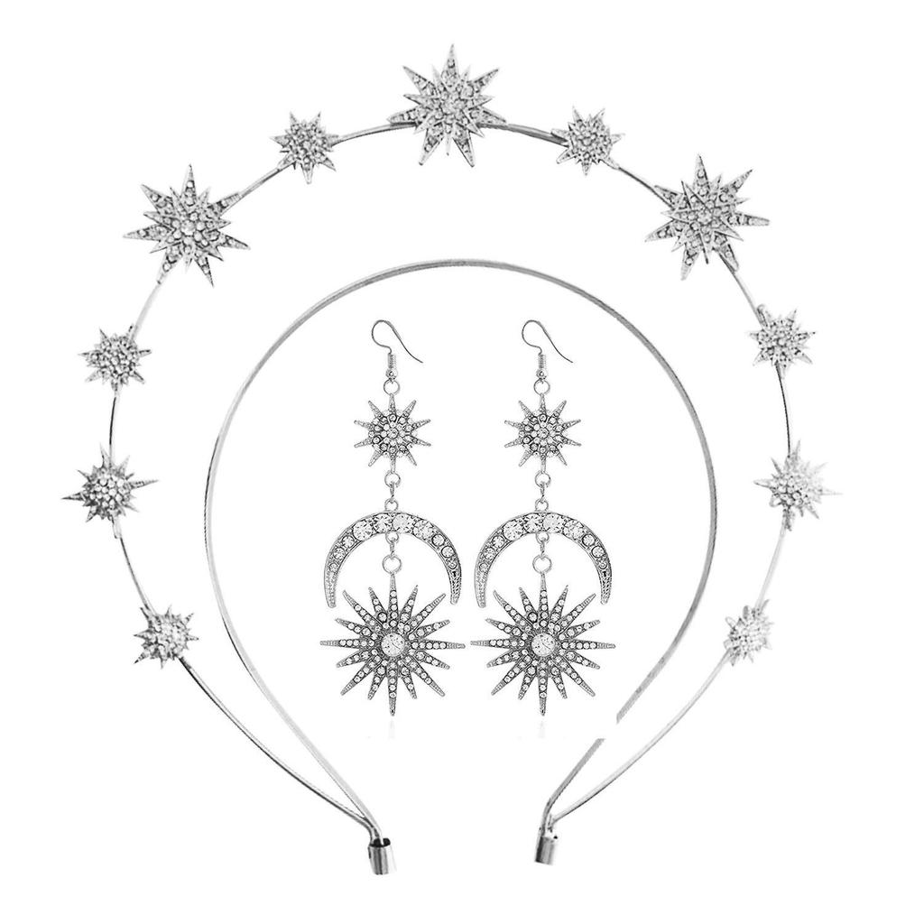 Baroque Sun & Moon Earrings Set with Halo Headband, Double-Layer Star Design & Sparkling Long Earrings