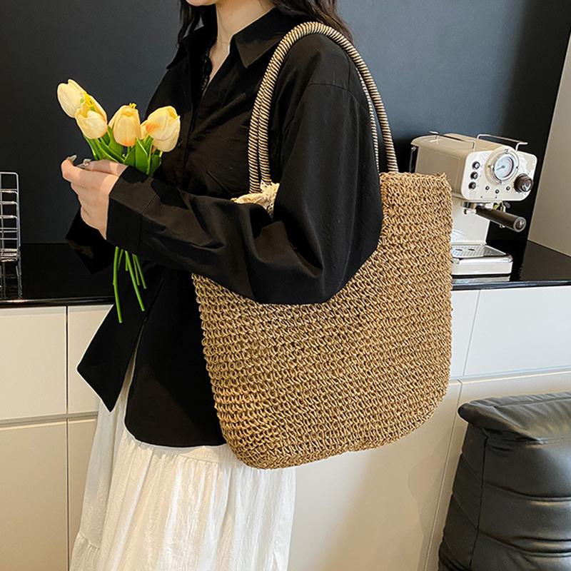 Yogodlns Woven Beach Bag Vintage Handmade Woven Shoulder Bag Raffia Rattan Bags Bohemian Ladies Summer Travel Vacation Casual Tote Bag