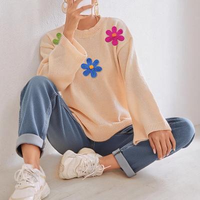 Three-dimensional Colorful Flower Patchwork Autumn and Winter Loose, Comfortable and Casual Long-sleeved Top, Round-neck Pullover Sweater for Women