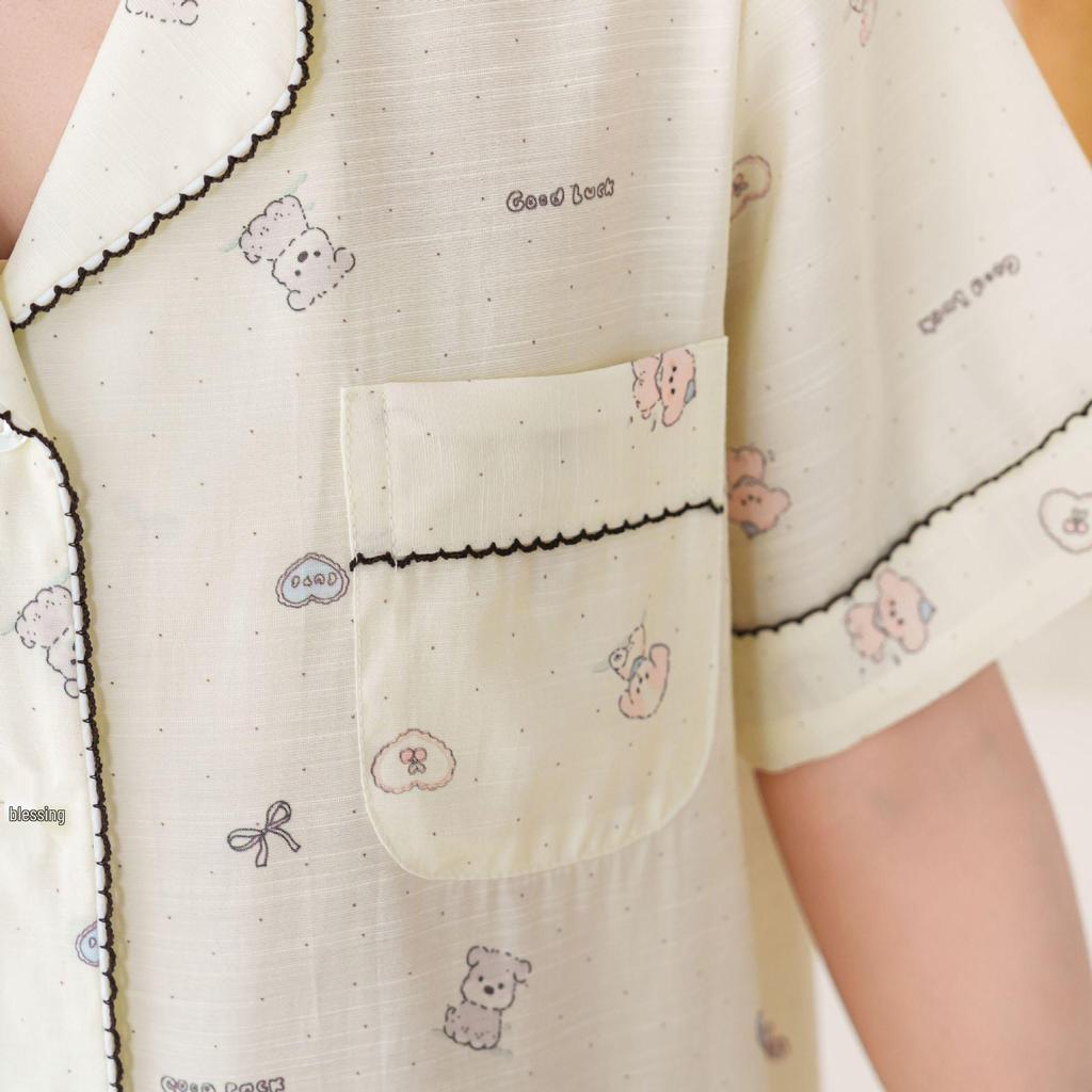 2026 Women's Luxury Double-Layer Cotton Linen Pajamas, Short Sleeve, Long Pants, Versatile for Home or Outdoor Wear, Sweet & High-End.