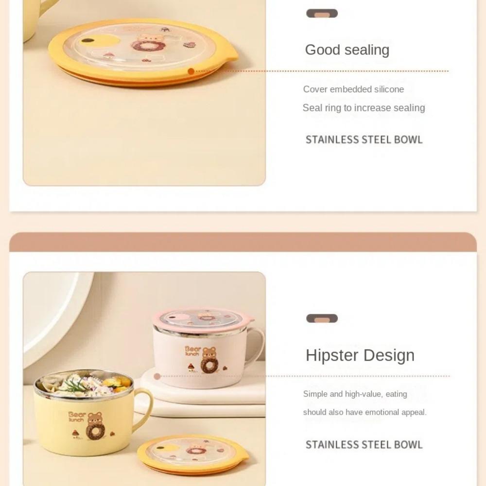 Stainless Steel Instant Noodle Bowl Bear Pattern Anti-scald Lunch Box Double Insulated with Lid Rice Bowl Kitchen Supplies