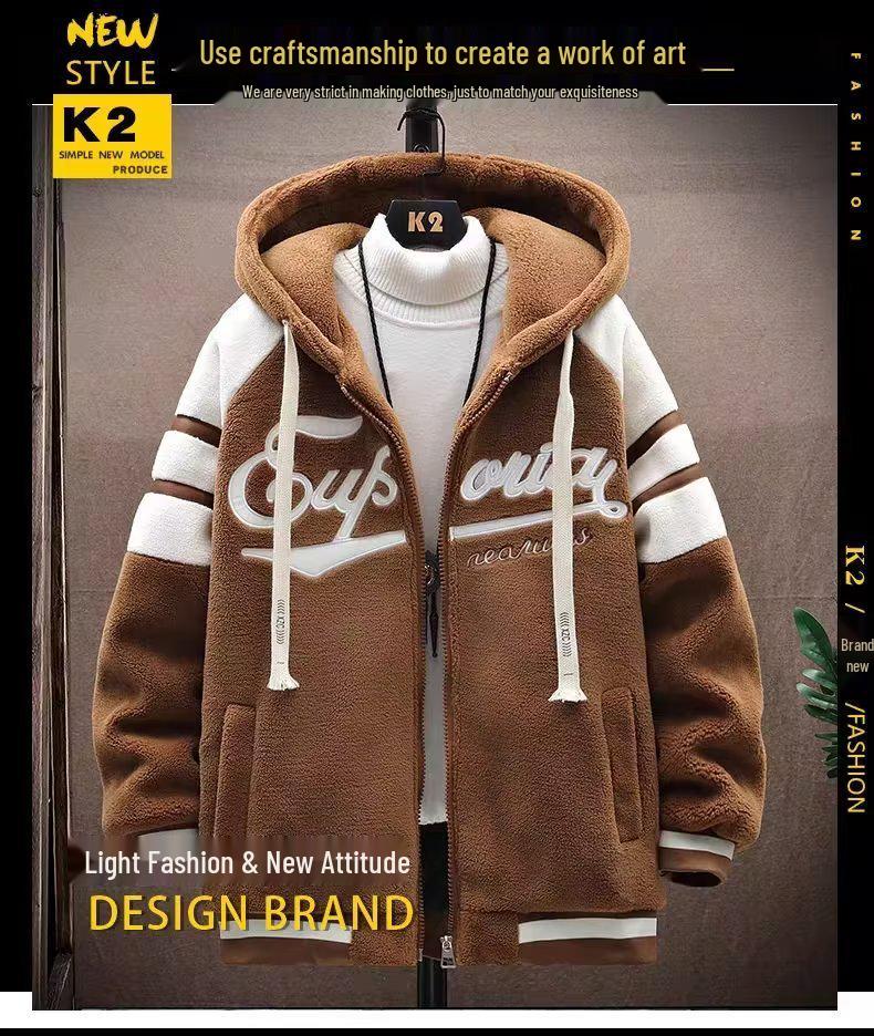 Men's Plus Size Lamb Fleece Cotton Hooded Jacket - Loose Fit, Thick Zipper Cardigan for Teenagers