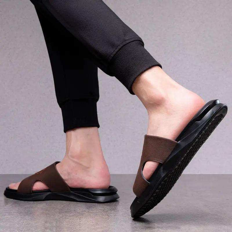 Fashion Summer Men's Genuine Leather Slippers Men Flip Flops Male Beach Sandals Man Outdoor Leisure Non-slip Men Home Slippers