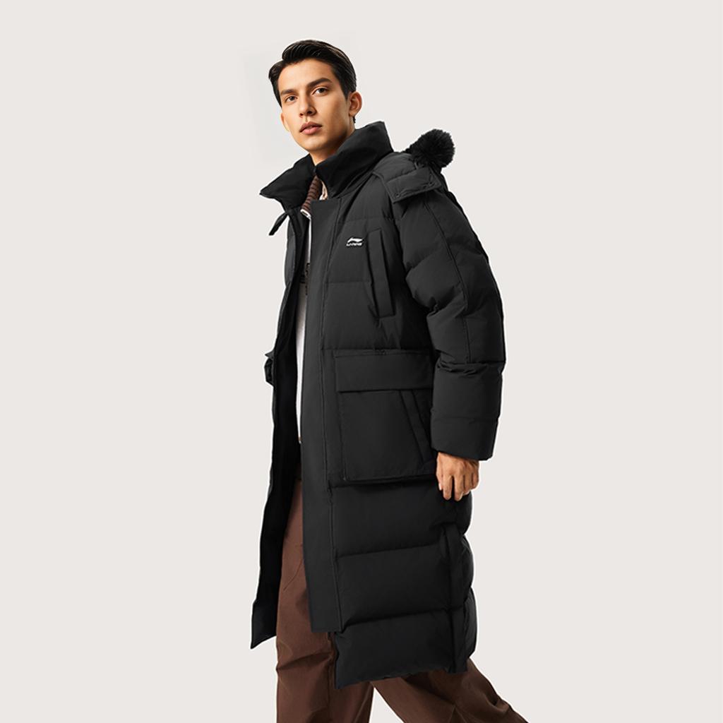 Li Ning Sports Trend Series Warm Hooded Long Comfortable Versatile Down Jacket Unisex Outerwear Black AYMU177-1