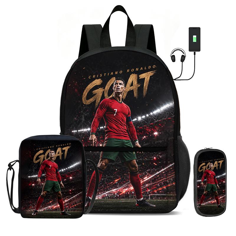 Learn, Travel Football Sport Rucksack Ronaldo 3 Pcs Set Kids Backpack Shoulder Bag, Pencil Bag, Football Star Knapsack