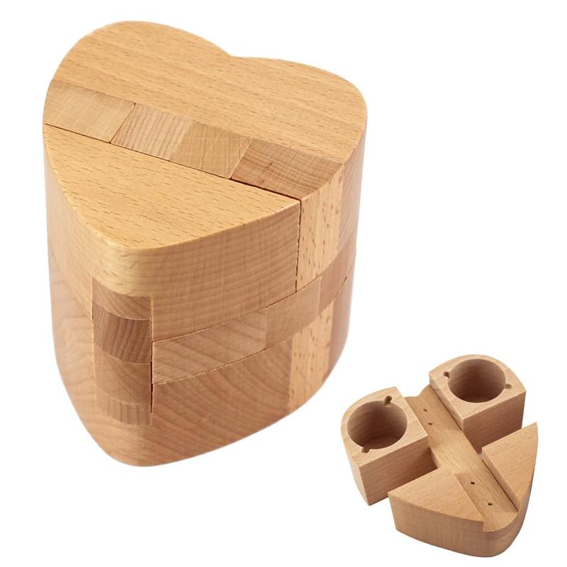 Heart Shaped Luban Lock Secret Box To Hide Stuff Wooden Brain Teaser Puzzles for Adults Kids IQ Logic Test Surprise Gifts