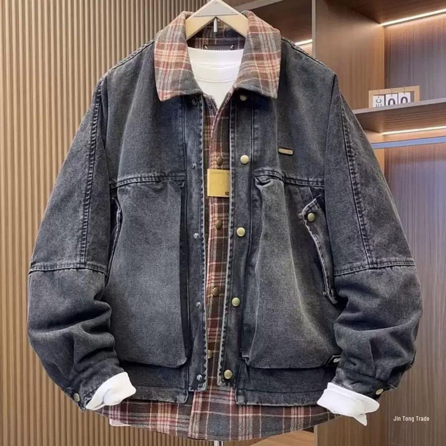 Men's 2025 Winter Lapel Denim Plaid Patchwork Down Jacket - Two-Piece Look, Thick & Warm Outerwear