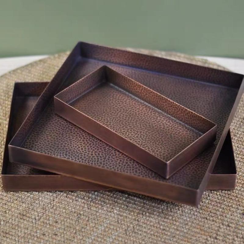 Rectangle Shape Copper Fruit Tray,Retro Engraving Hammer Texture Home Portable Food Plate,Snack Plate Table Wedding Decoration