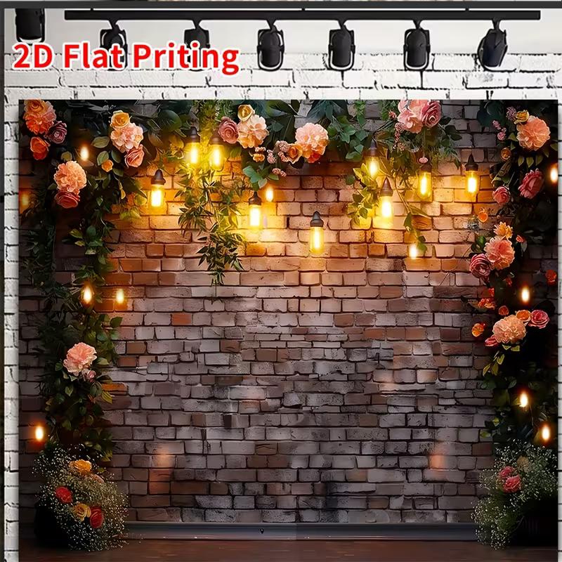 2D Vintage Brick Wall Backdrop with Flowers & Glowing Lights Party Photo Booth Background