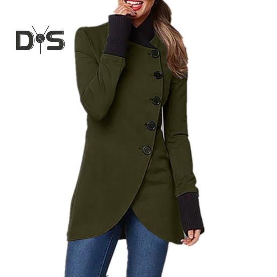 Chaqueta de otoño-invierno para mujer, cuello alto, protección para el cuello, botonadura sencilla, dobladillo dividido irregular, parches suaves, manga larga, color sólido, gruesa, cálida, de media manga