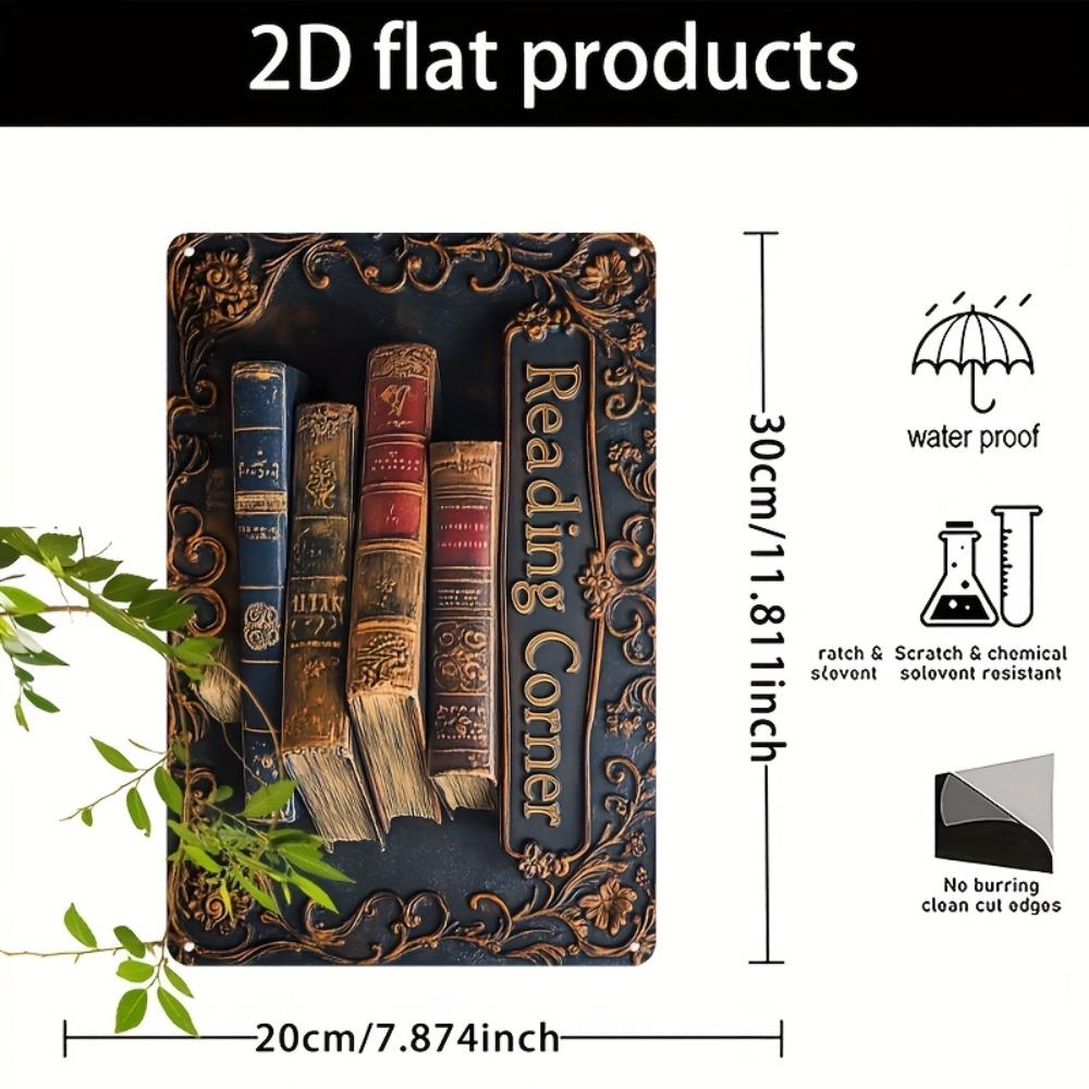 Vintage Leseecke Blechschild, 2D Retro Bibliotheksdekor Plakette, 19,99x30cm Wandkunst für Zuhause Garage