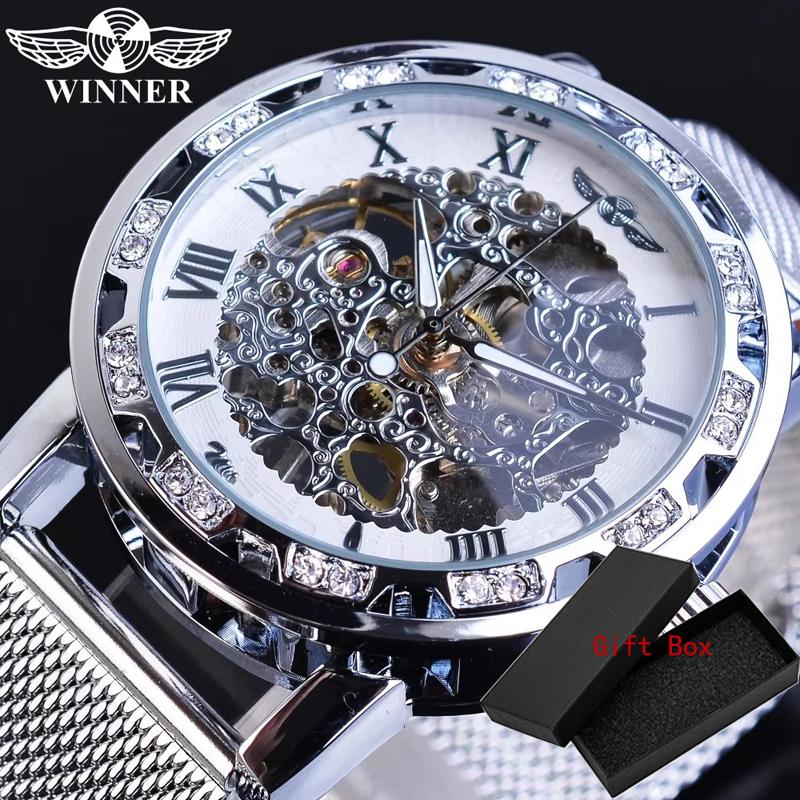 Winner Top Brand Golden Watches Men Skeleton Mechanical Watch Crystal Mesh Slim Stainless Steel Band Luxury Hand Wind Wristwatch