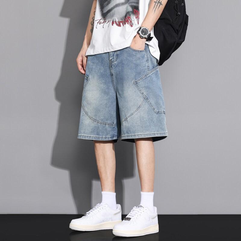 Men's Summer Relaxed Straight-Leg Denim Shorts Youth Cropped Shorts Washed Mid-Length Pants