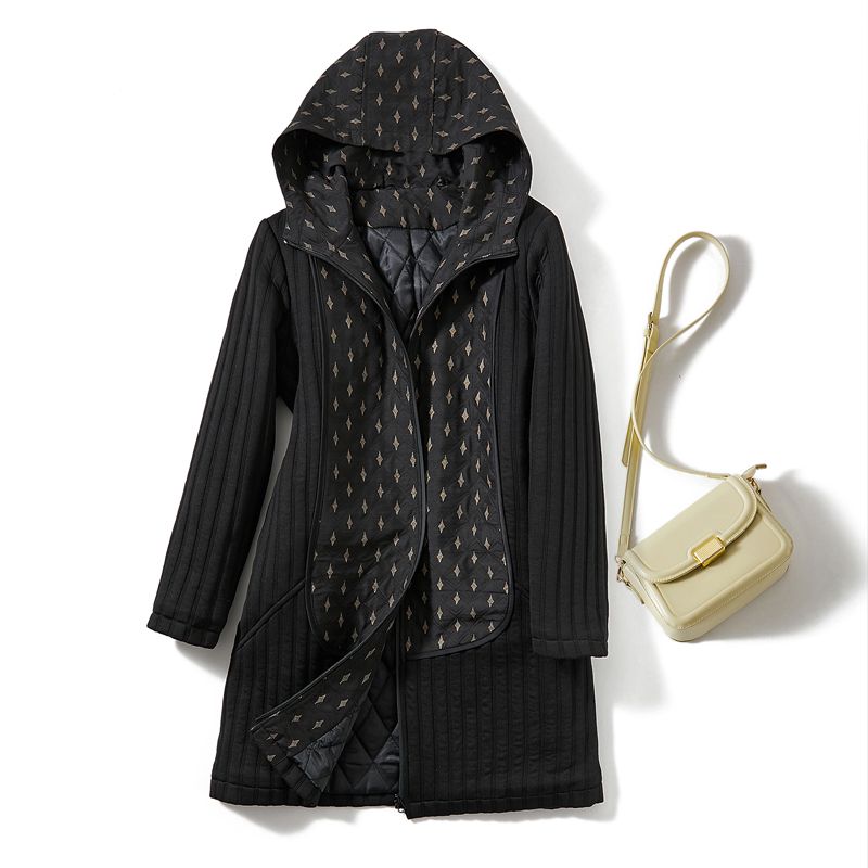 

Trade Original Order! You Xinjiang Cotton Filling Women Fake Two Pieces Sunken Stripe Hood Mid-Length Cotton-padded jacket Autumn and Winter Coat Black 3XL