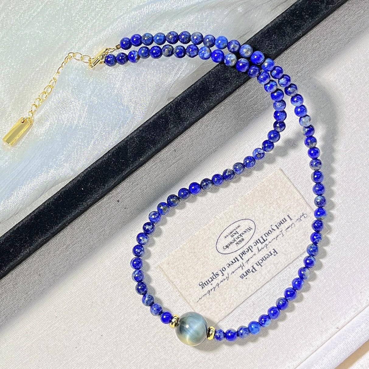 

Natural Lapis Lazuli Tiger S Eye Stone Design Necklace Collarbone Chain Sweater Chain