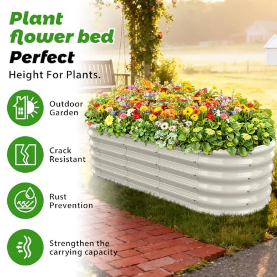 17 Tall Outdoor Garden Raised Bed Kit 5ft X 2ft Oval Cream White Metal Planter for Flowers Herbs Vegetables 0.8MM Thick 60X24X1