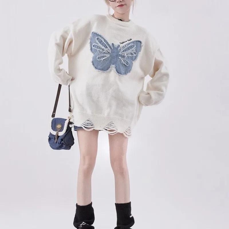 Svetr distressed denim vyšívaný motýl svetr design netopýr rukáv top podzim top rock volný svetr dámská
