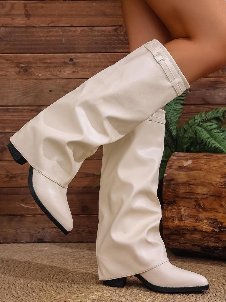2025 Autumn British Style Ruched Knee-High Chunky Heel Fashion Boots for Women In Plus Sizes