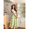 French Temperament Holiday Style Green Dress Women's Casual Style Summer New Waist Thin Cake Skirt Long Skirt