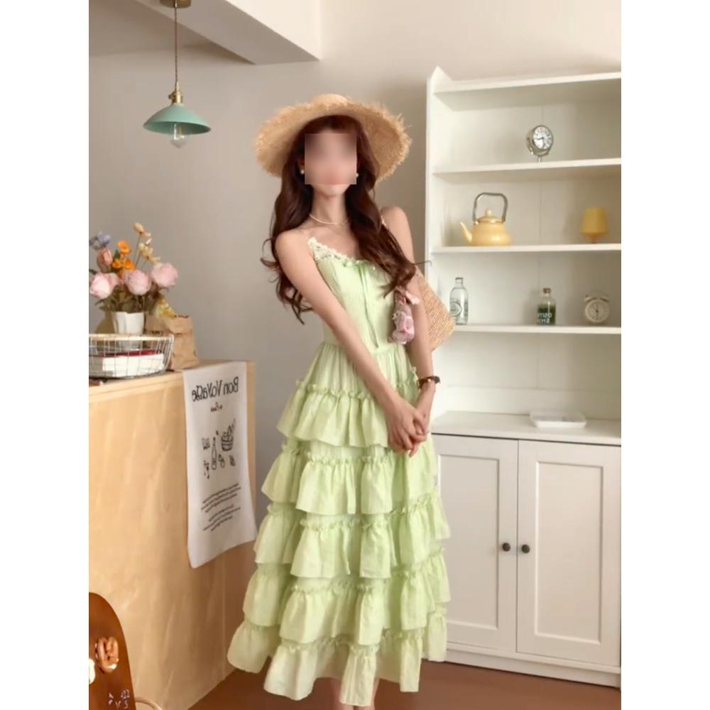 French Temperament Holiday Style Green Dress Women's Casual Style Summer New Waist Thin Cake Skirt Long Skirt
