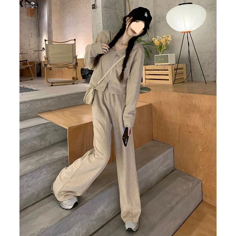 Women's Two-Piece Hooded Zip-Up Sweatshirt & Wide-Leg Pants Set - Casual, Loose Fit for Spring & Autumn, Trendy Korean Style