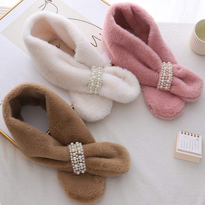 Girls Winter Warm Thicken Scarfs Pearl Cross Buckle Faux Fur Plush Cross Collar Scarf Shawl Lovely Warm Soft Scarf
