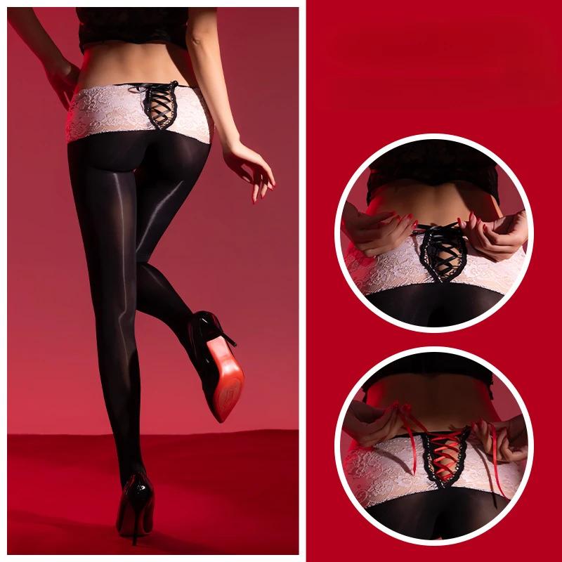 Sexy Low Waist Stockings Women Lace Waist Seamless Aurora Oil Shiny Pantyhose Ultra Thin Open Butt Transparent Sockings