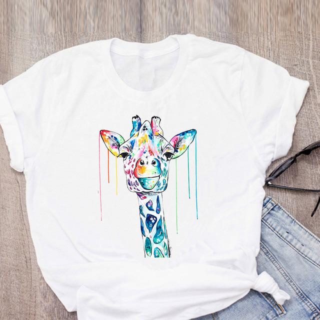 Kawaii Animal Giraffe Graphic Women T-Shirt 90S Summer Loose Short Sleeve Round Neck Female Top Streetwear Y2K Clothes