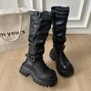 [Fanfna] Pleated Pile Boots Women's Belt Buckle Thick Bottom But Knee Knight Boots Skinny and Height Boots