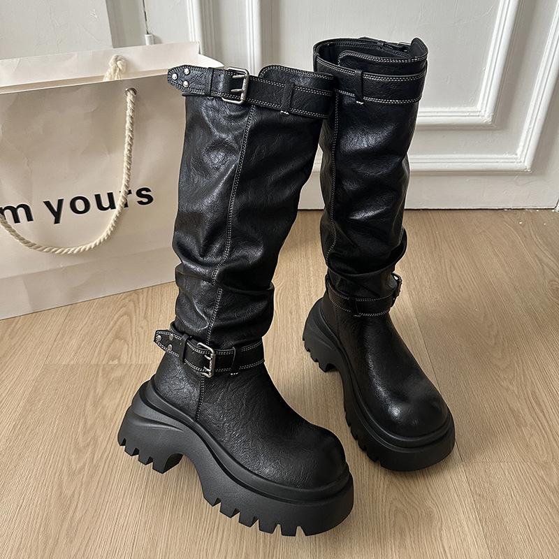 [Fanfna] Pleated Pile Boots Women's Belt Buckle Thick Bottom But Knee Knight Boots Skinny and Height Boots