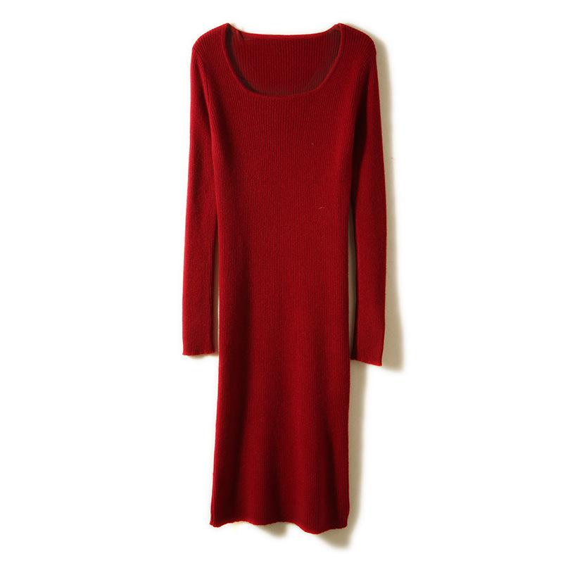 Autumn/Winter 2021 Long-Sleeve Square Collar Knit Wool Dress for Women - Knee-Length