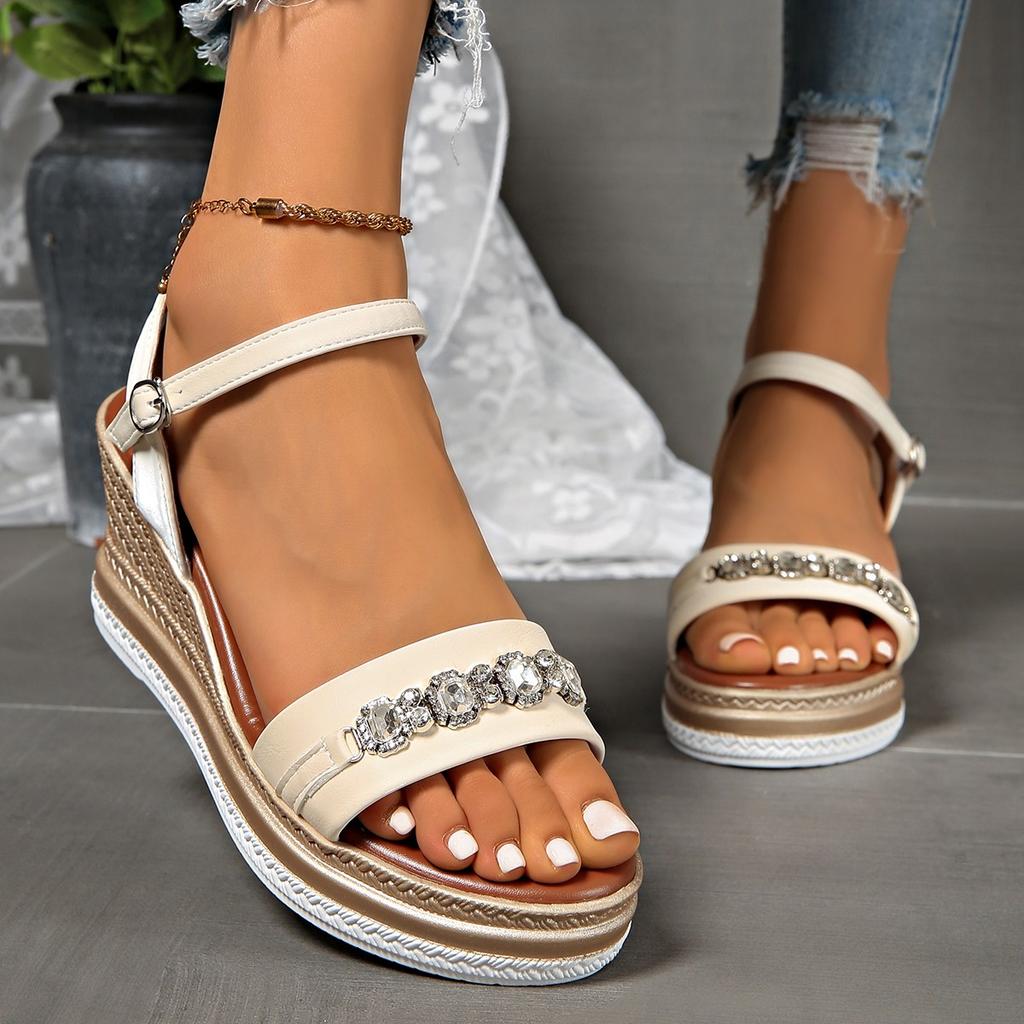 Shiny Large Crystal Chain Wedges Sandals for Women Fashion Ankle Buckle Chunky Platform Shoes Summer Thick Sole Non Slip Shoes