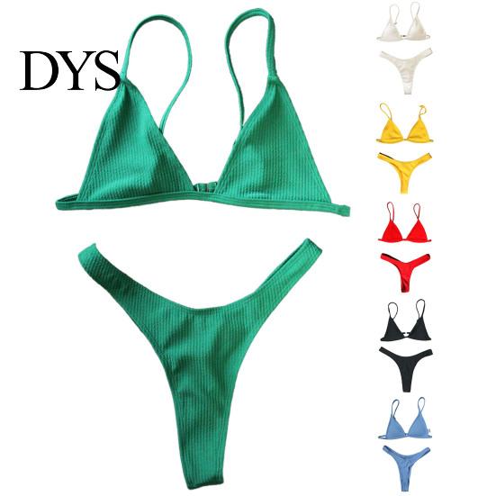 Women Swimsuit 2 Pcs/Set Bikini Set Backless Adjustable Straps Deep V Neck Padded Quick Dry Swimming Three-point G-string Lady Swimwear Water Sports
